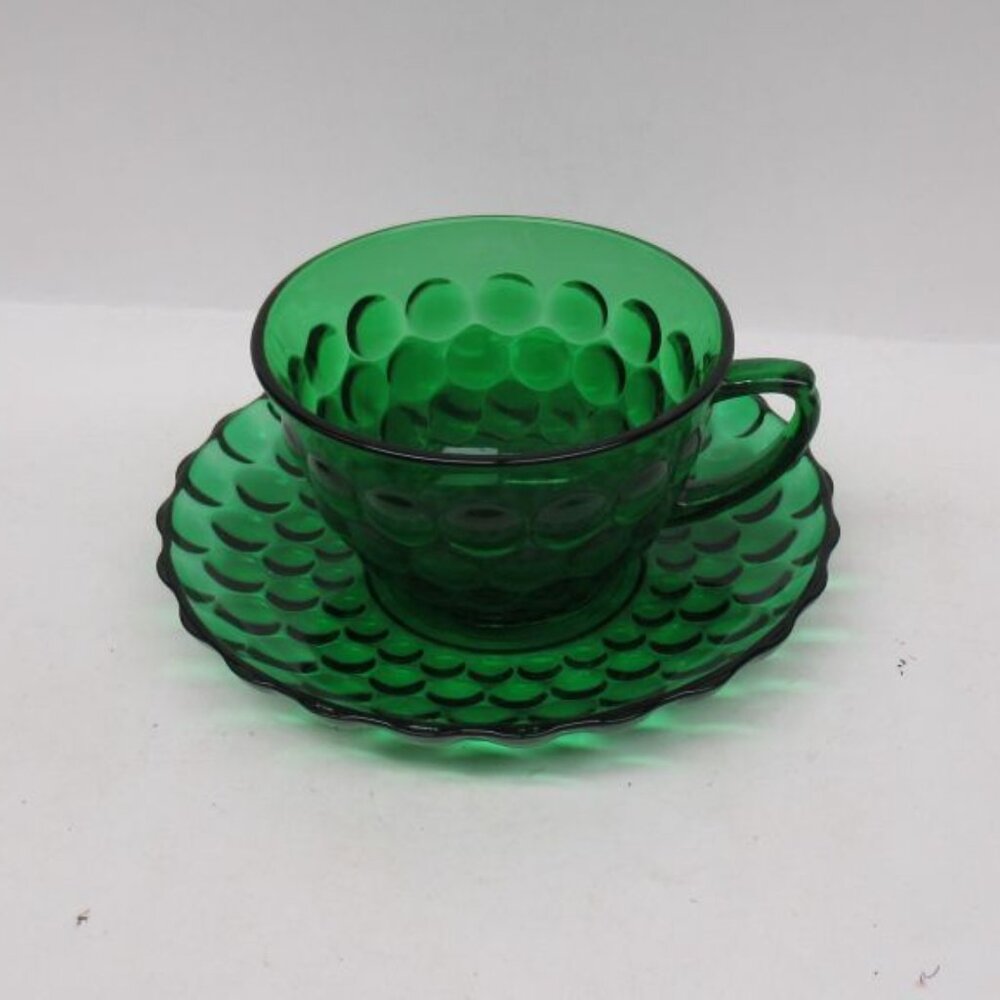 Anchor Hocking Fire King Forest Green BUBBLE Tea or Coffee Cup and Saucer
